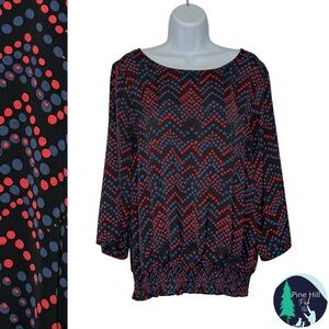 Ann Taylor Blouse Large Polkadot Black Red Boatneck 3/4 Sleeve Elastic Waist EUC